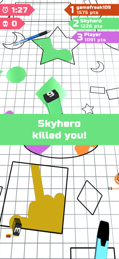 MagicMarker.io - A screenshot of MagicMarker.io showing a player eliminated message in a competitive coloring arena.