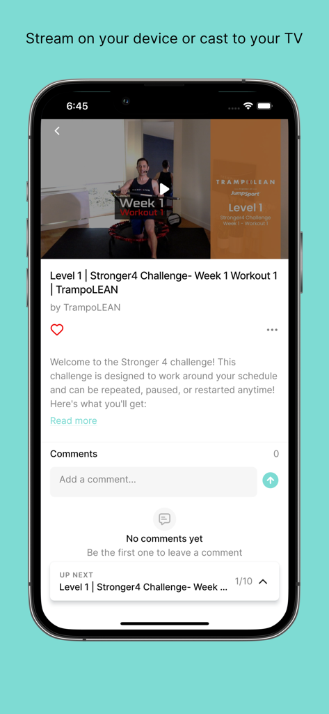 Interface of the JumpSport Fitness TV app playing a trampoline workout video