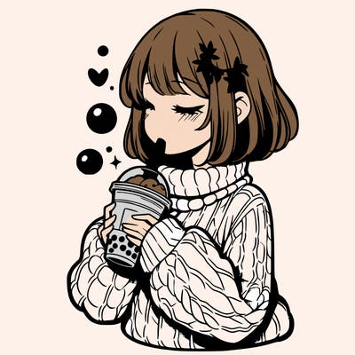manga girl drinking boba in cozy sweater