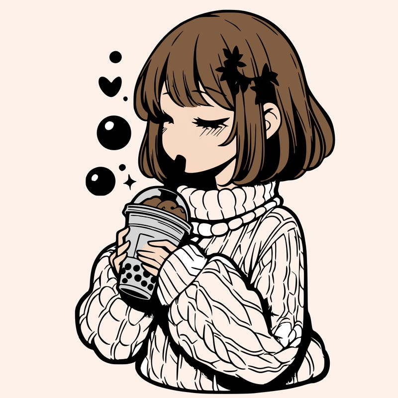 manga girl drinking boba in cozy sweater