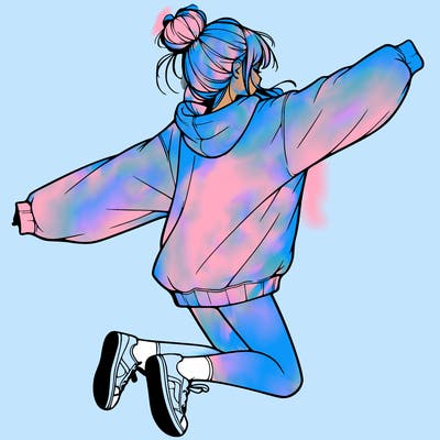 realistic girl jumping with a bun and oversized sweatshirt