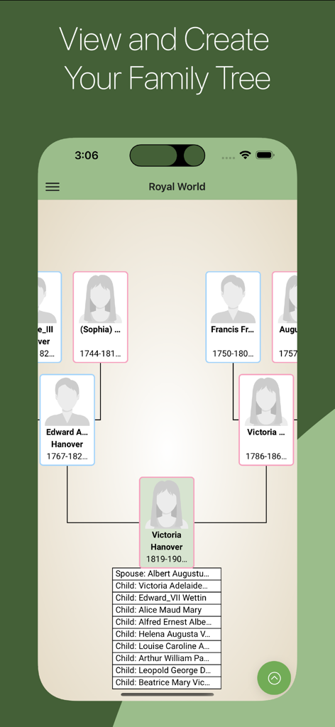 TreeView - TreeView app screenshot displaying a family tree diagram with historical records and names