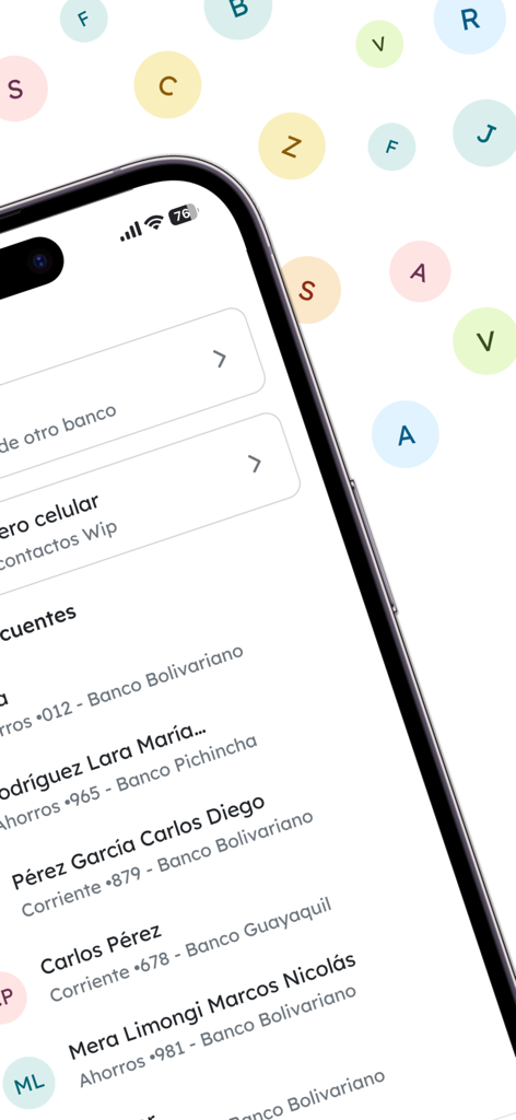 Banco Bolivariano - Mobile interface showing frequent contacts for bank transfers in the Banco Bolivariano app