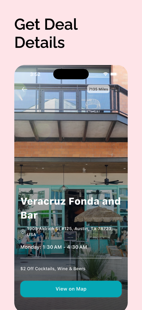 Interfaccia dell'app Sipp che mostra le promozioni dell'happy hour e la posizione di Veracruz Fonda and Bar ad Austin