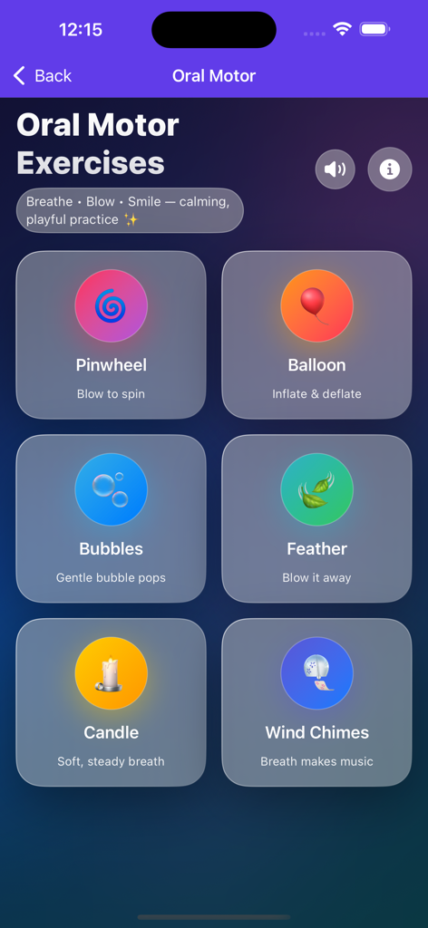 Autism Play Garden - Interface of the Autism Play Garden app showing six oral motor exercises for speech therapy including pinwheel balloon and bubbles