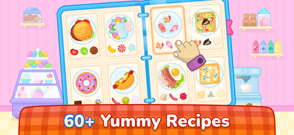 Kids Cooking: Toddler Games - Schermata del menu del gioco per bambini Bimi Boo: Giochi di Cucina che mostra oltre 60 ricette di cibo in un libro colorato