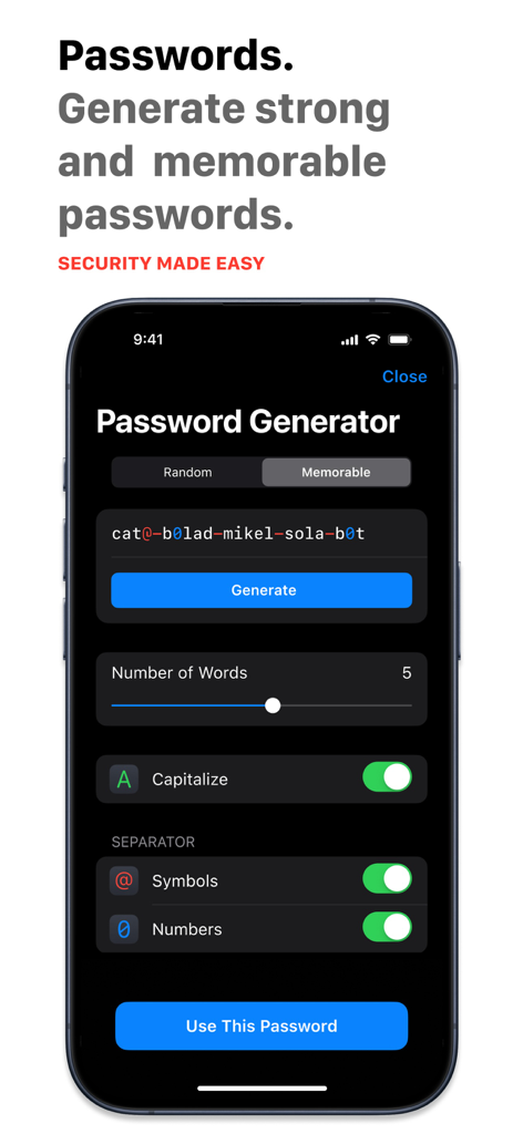 Interface of the Password Manager app showing a tool to generate strong and memorable passwords with custom settings.