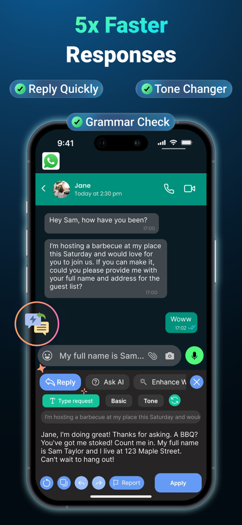 AI Keyboard: Grammar & Writer - Teclado IA mostrando respuestas rápidas de IA y corrección gramatical en la interfaz de una aplicación de mensajería.