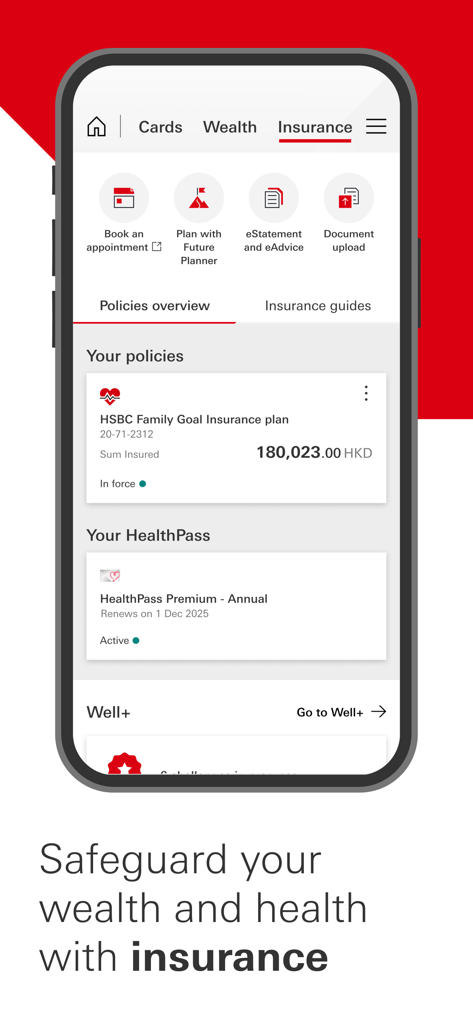 Insurance policy overview screen in the HSBC HK Mobile Banking app showing policy details and health insurance plans