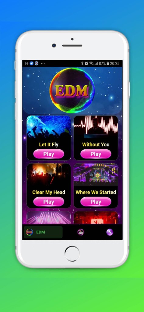 Beat Dancing Hop Tile EDM Rush - Song selection menu of the Beat Dancing Hop Tile EDM Rush app featuring electronic dance music tracks on a smartphone screen.