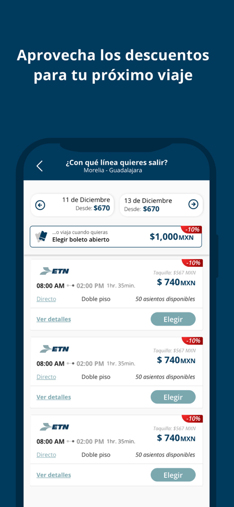 ETN: Transporte y Autobuses MX - Mobile App-Oberfläche mit ETN-Busticket-Optionen mit 10 Prozent Rabatt für eine Strecke zwischen Morelia und Guadalajara.
