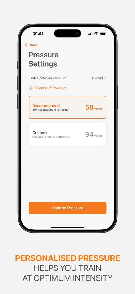 AirBands app pressure settings screen showing limb occlusion and recommended pressure for BFR training.