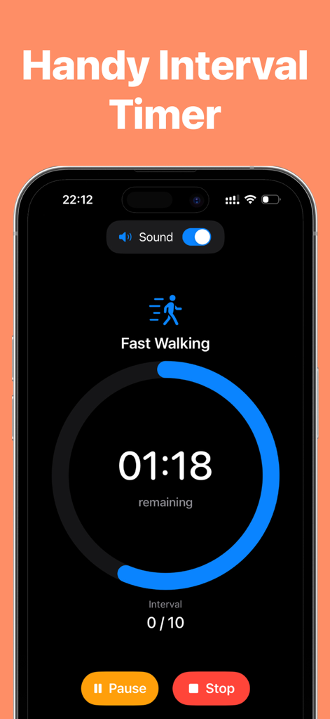 Interface of the Japanese Walking Method app featuring an interval timer for fast walking