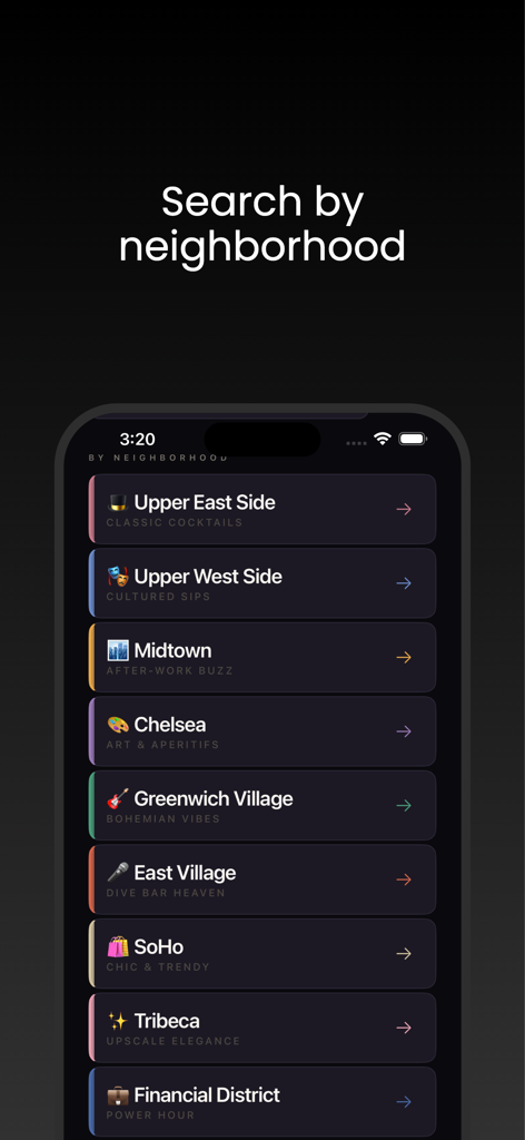 Cheers NYC - Mobile app screen showing a list of NYC neighborhoods like Chelsea and SoHo to find bar deals.