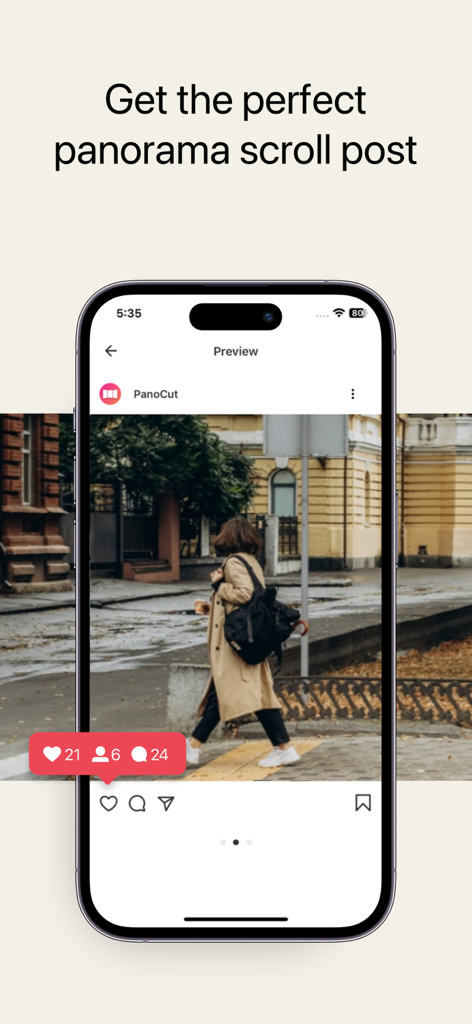 PanoCut: Panorama Scroll Maker - A mobile phone screen displaying a seamless panorama scroll post preview for social media