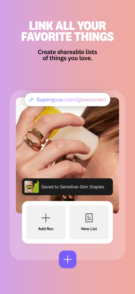 Benable: for influencers & all - Interfaz de la aplicación Benable que muestra un enlace de producto para el cuidado de la piel guardado en una lista llamada 'Esenciales para piel sensible'.