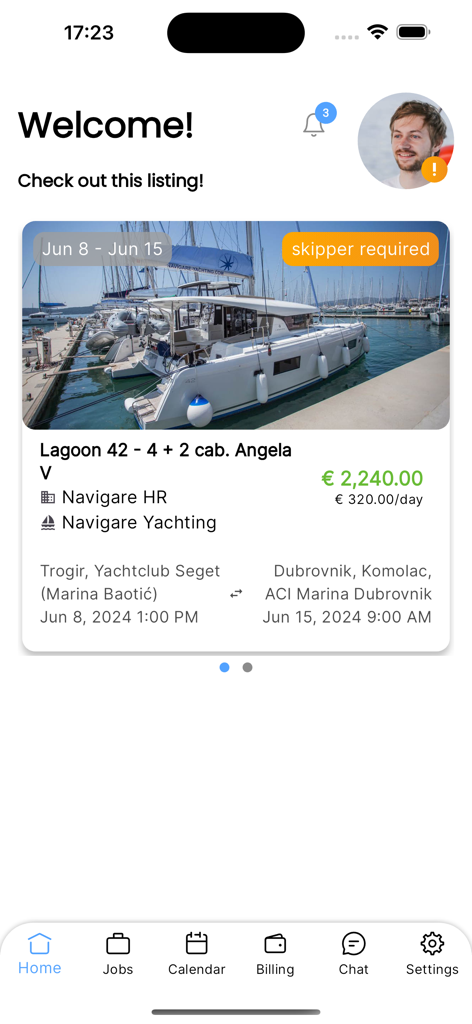 S4Y crew app - Dashboard dell'app S4Y Crew che mostra un'opportunità di lavoro per skipper di yacht con dettagli di prenotazione e prezzi