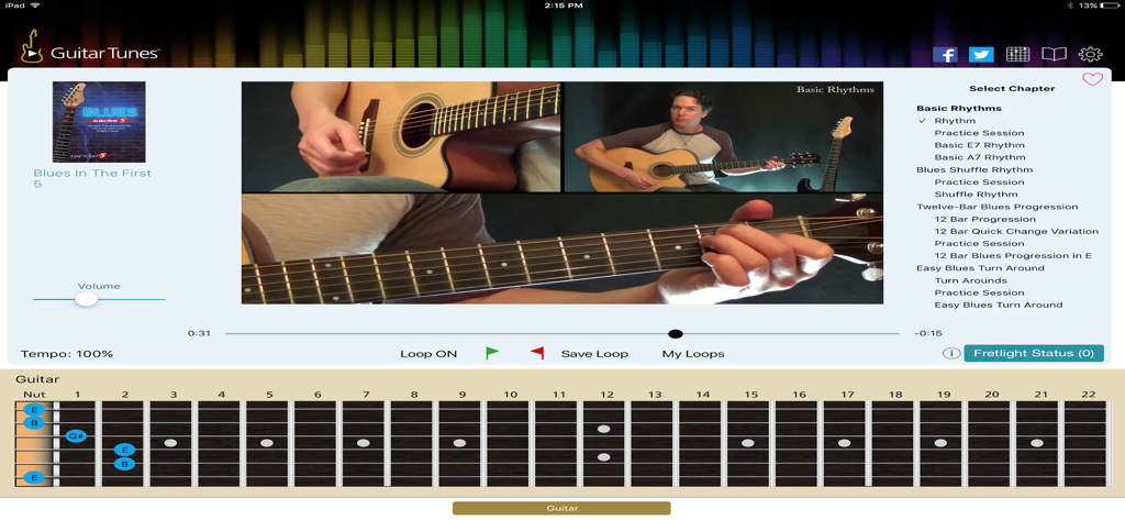 Guitar Tunes™ - Interface de l'application Guitar Tunes montrant une leçon vidéo interactive avec un manche virtuel pour la pratique de la guitare