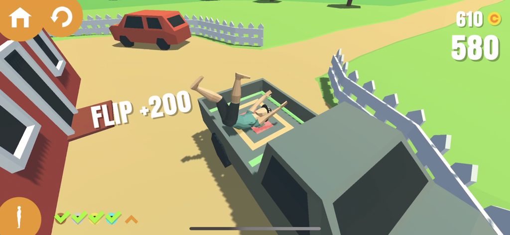 A 3D character performing a parkour flip onto the back of a truck in Flip Trickster