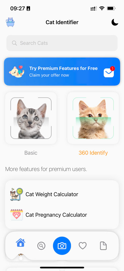 Cat Identifier: AI Scanner - Interface of the Cat Identifier app showing breed scanning options and pet health calculators.