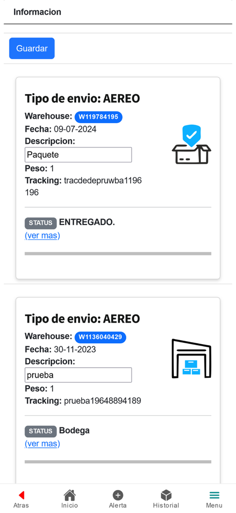 Intelliship - Intelliship app interface showing package tracking details and delivery status for air shipping.