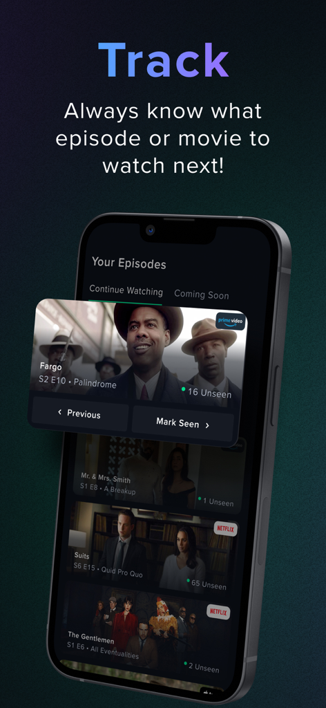 Interfaz de la aplicación Reelgood que muestra un rastreador de series de TV con opciones para marcar episodios como vistos y seguir el progreso en varios servicios de streaming.