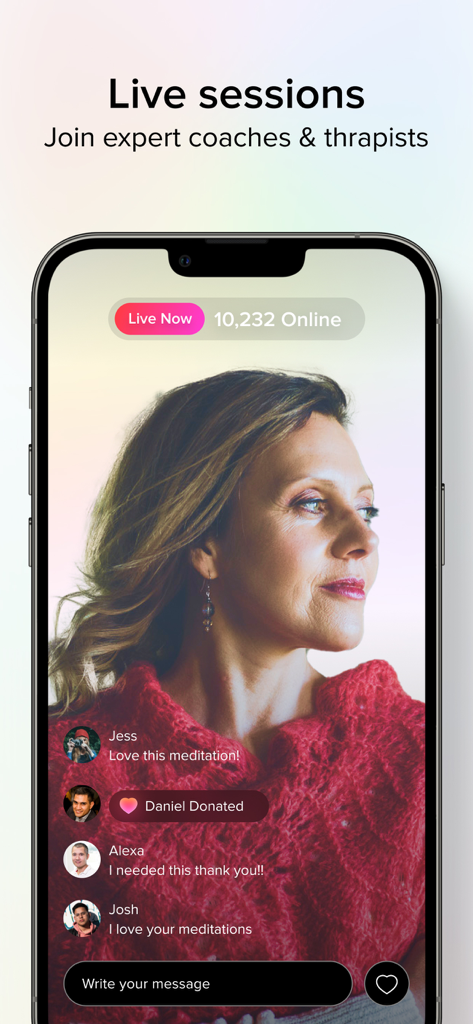A live meditation session on the Aura app featuring an expert coach and a community chat feed.
