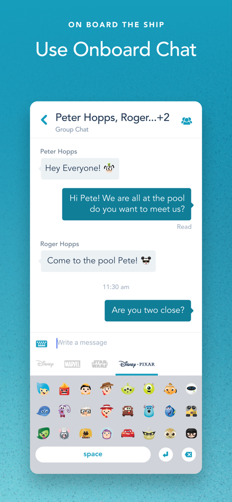 Disney Cruise Line Navigator - Disney Cruise Line Navigator app onboard chat with Disney Pixar emojis