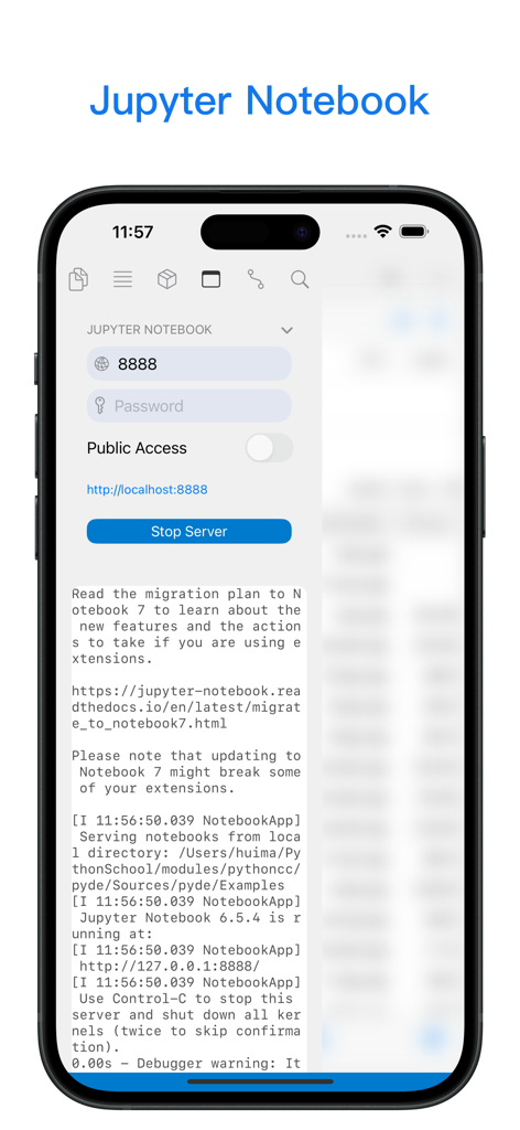 Python3IDE - Mobile interface of Python3IDE showing local Jupyter Notebook server controls and logs