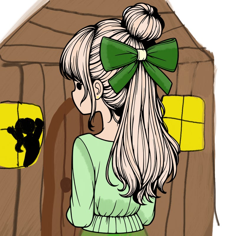 realistic girl  with hip length hair a bun and a big bow on the back of head