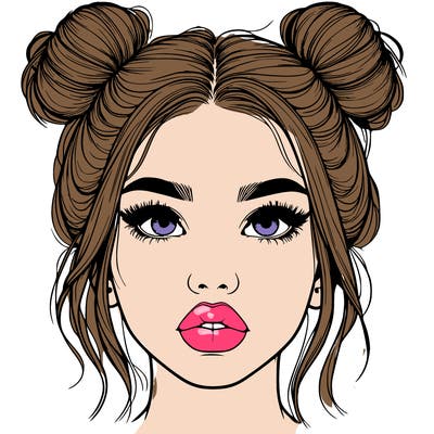 realistic girl with two buns on her hair and lips
