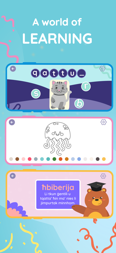 Maltese language educational app Nina u Ninu showing spelling coloring and vocabulary games