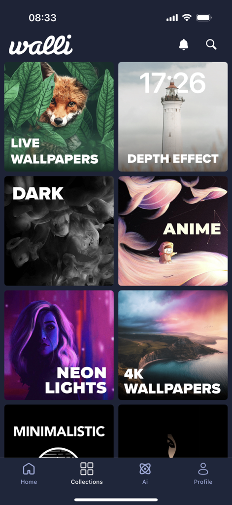 Un écran d'application mobile montrant diverses catégories de fonds d'écran dans l'application Walli comme Fonds d'écran Animés, Effet de Profondeur, Animé et Mode Sombre.