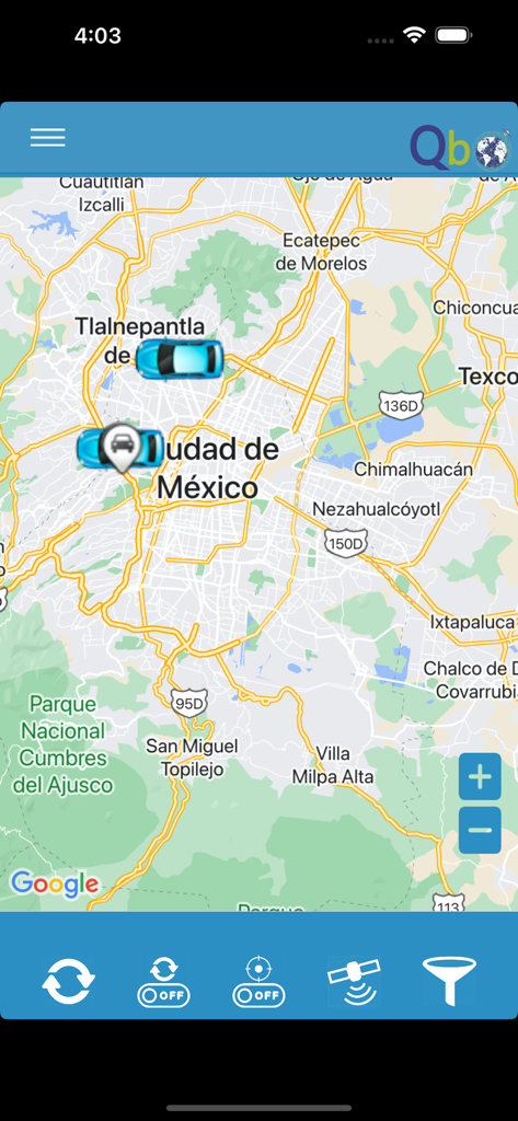 Qbo - Kartenansicht in der Qbo-App, die Echtzeit-Autostandorte in Mexiko-Stadt zeigt