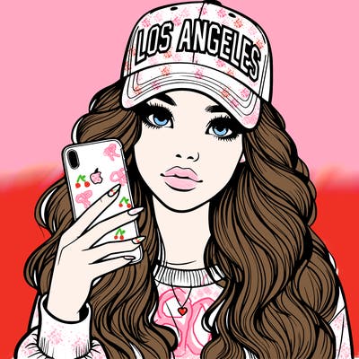 realistic beautiful girl wearing los ángeles cap holding an iphone