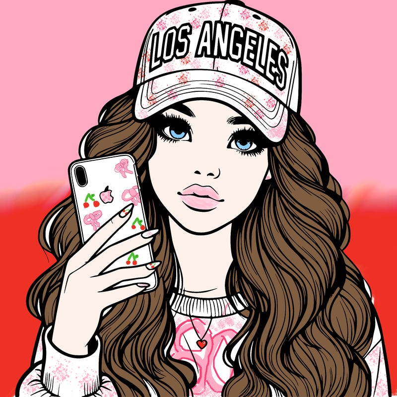 realistic beautiful girl wearing los ángeles cap holding an iphone