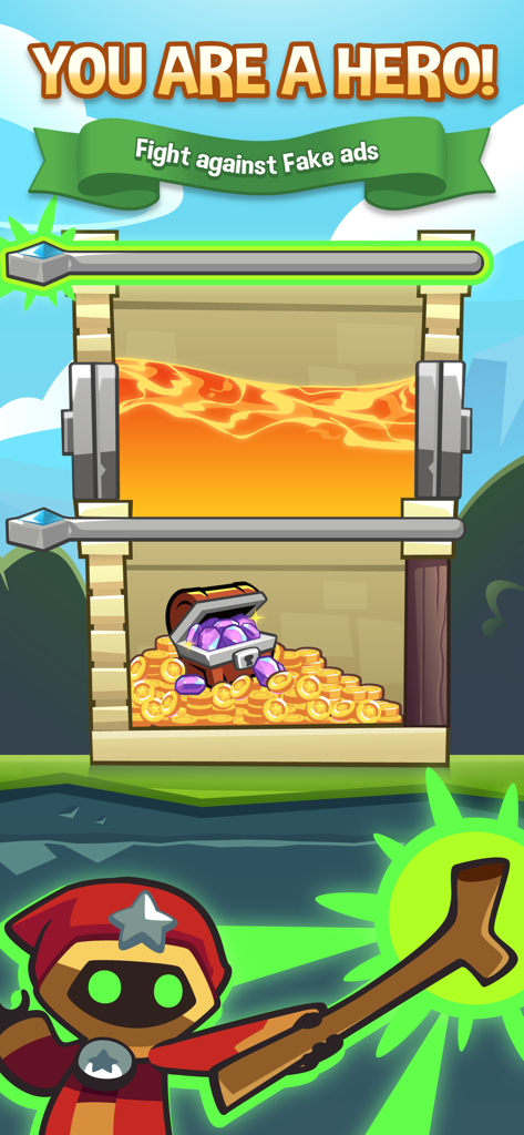 Summoner's Greed: Idle TD Hero - Captura de pantalla de Summoner's Greed parodiando anuncios falsos de juegos móviles con un puzle de tirar del pasador y lava
