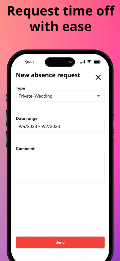 Interface of the Attendo Mobile app showing a new absence request form with date range and category selection