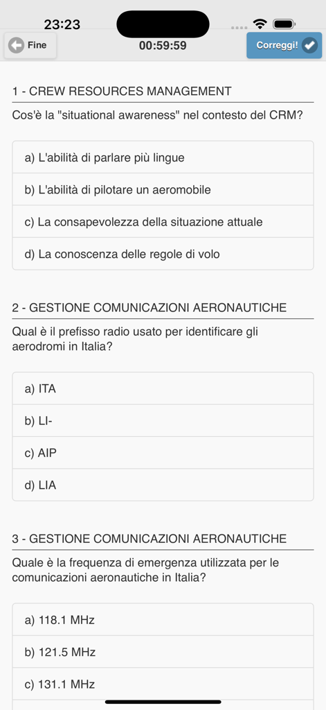 Quiz STS-01 Droni - Italian drone pilot exam simulation screen with multiple choice questions on CRM and aeronautical communications