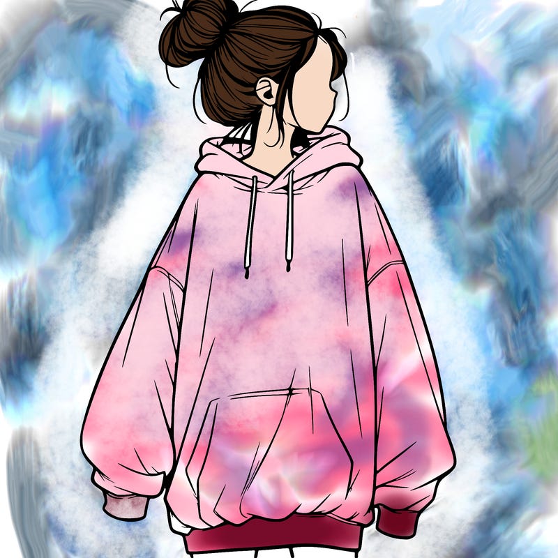 realistic girl with a oversized sweatshirt on and a bun