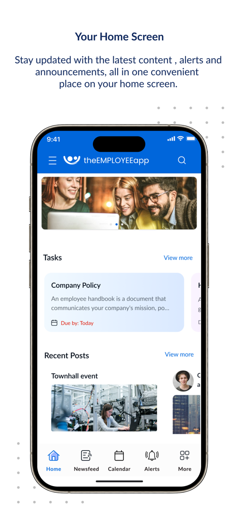 The home screen of theEMPLOYEEapp mobile application showing corporate news tasks and recent activity