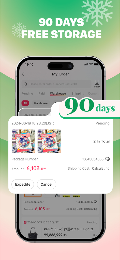 Rakufun:Buy From Japan - 통합된 일본 쇼핑 상품에 대한 90일 무료 보관을 강조하는 라쿠펀 앱 인터페이스