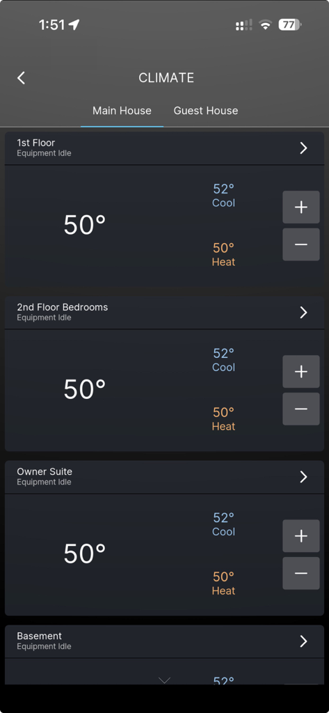 Nice Mobile Viewer - Multi zone climate control dashboard in the Nice Mobile Viewer app showing temperature settings for various floors