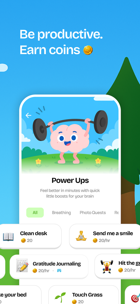 Unrot app interface showing a brain mascot lifting weights and a list of productivity tasks to earn screen time credits.