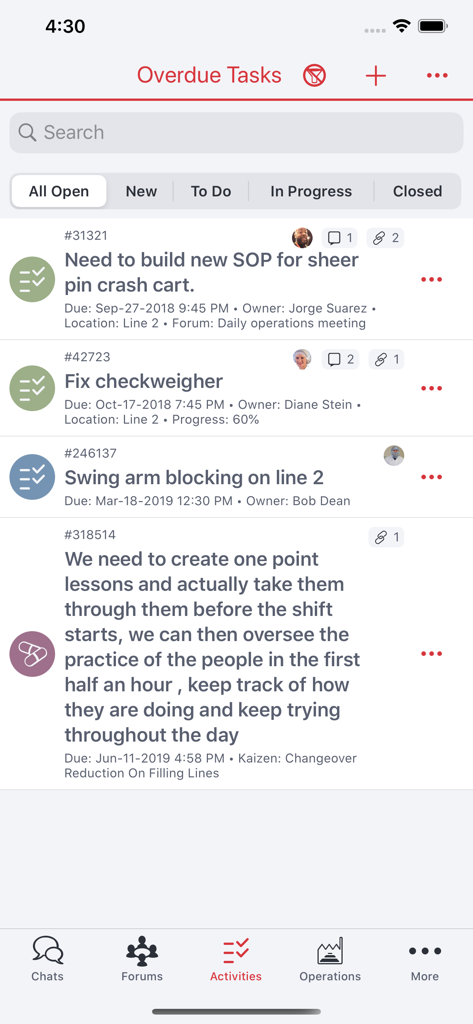 Redzone - Interface do aplicativo Redzone exibindo uma lista de tarefas de manufatura e manutenção atrasadas.