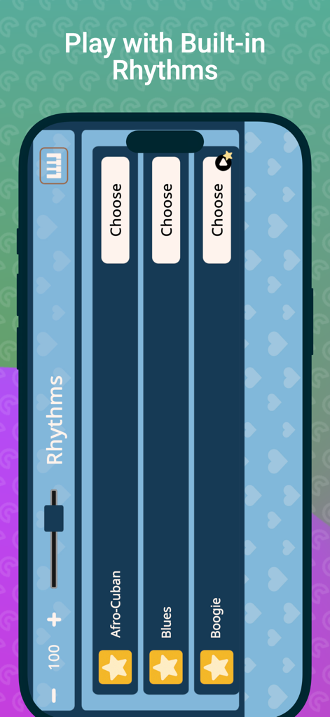 Interfaz de la aplicación Melódica Simple mostrando pistas de ritmo incorporadas como Afro-Cubano y Blues