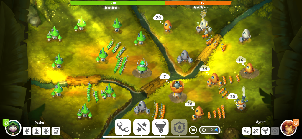 In-game screenshot of Mushroom Wars 2 showing a real-time strategy battle between green and orange mushroom armies on a forest map