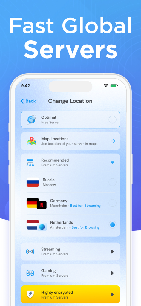 VPN for iPhone:Super VPN Proxy - Lista de ubicaciones de servidores VPN globales rápidos para streaming y navegación en la app Super VPN Proxy.