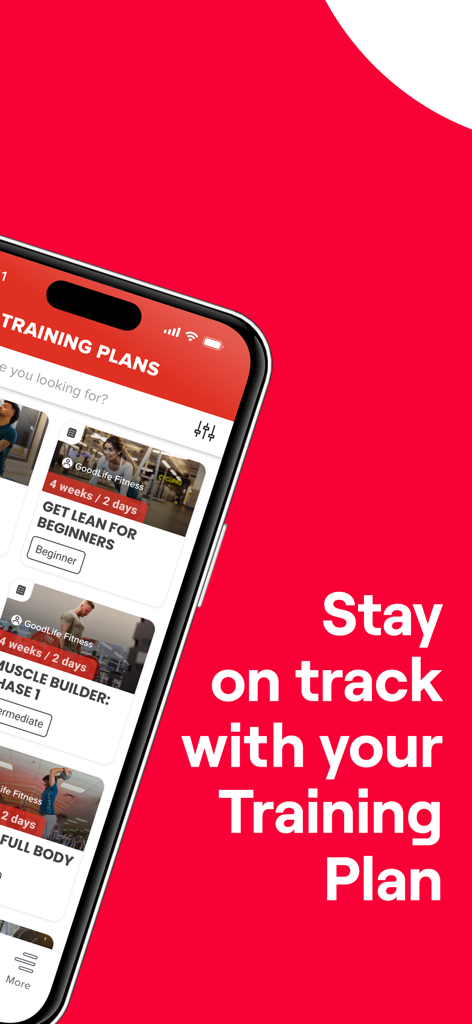 GoodLife Fitness App-Oberfläche zeigt verschiedene Trainingspläne auf einem Smartphone