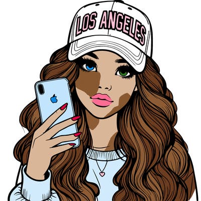 realistic beautiful girl wearing los ángeles cap holding an iphone